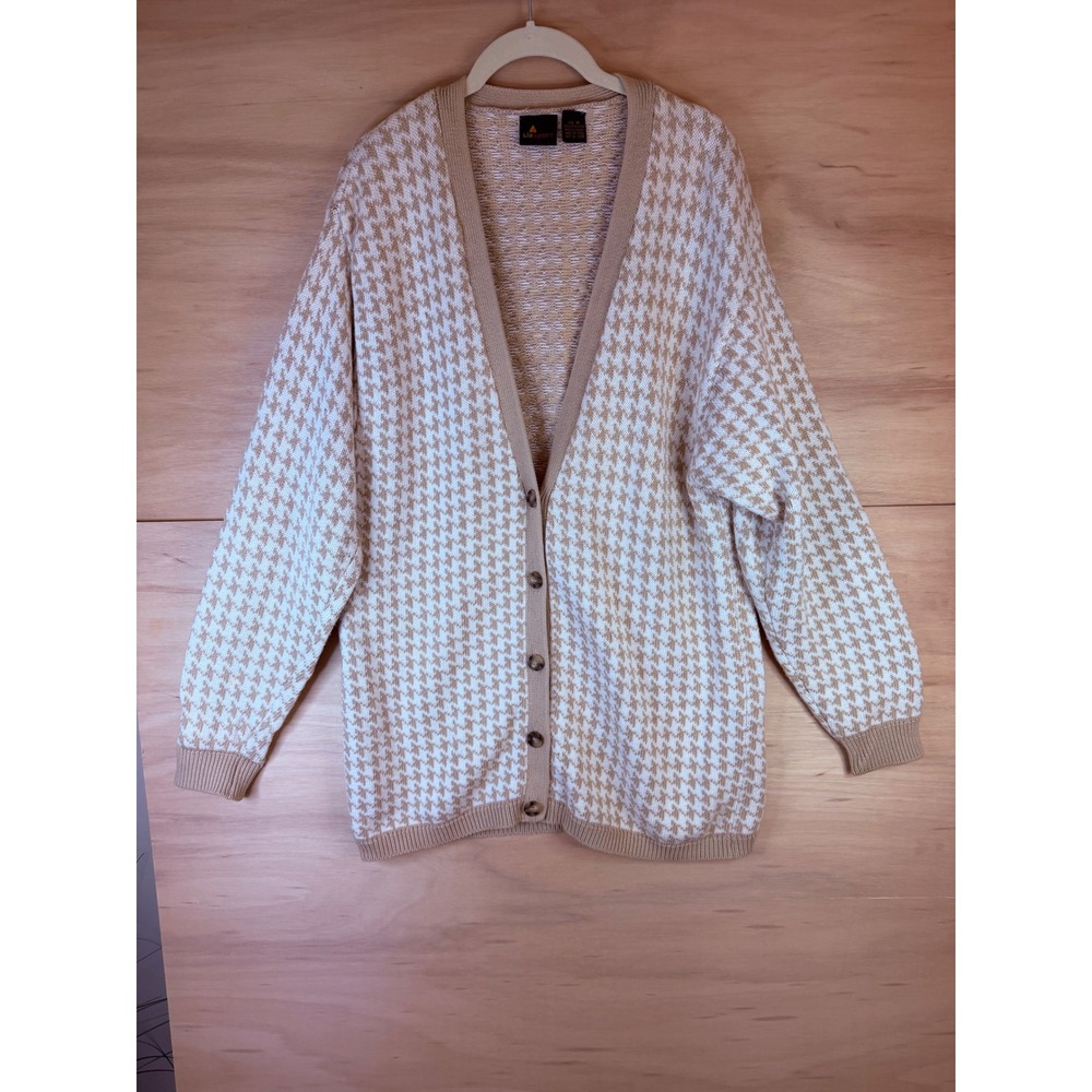 Lizsport Vintage Houndstooth Cardigan Sweater Tan Cream Cotton Womens Medium